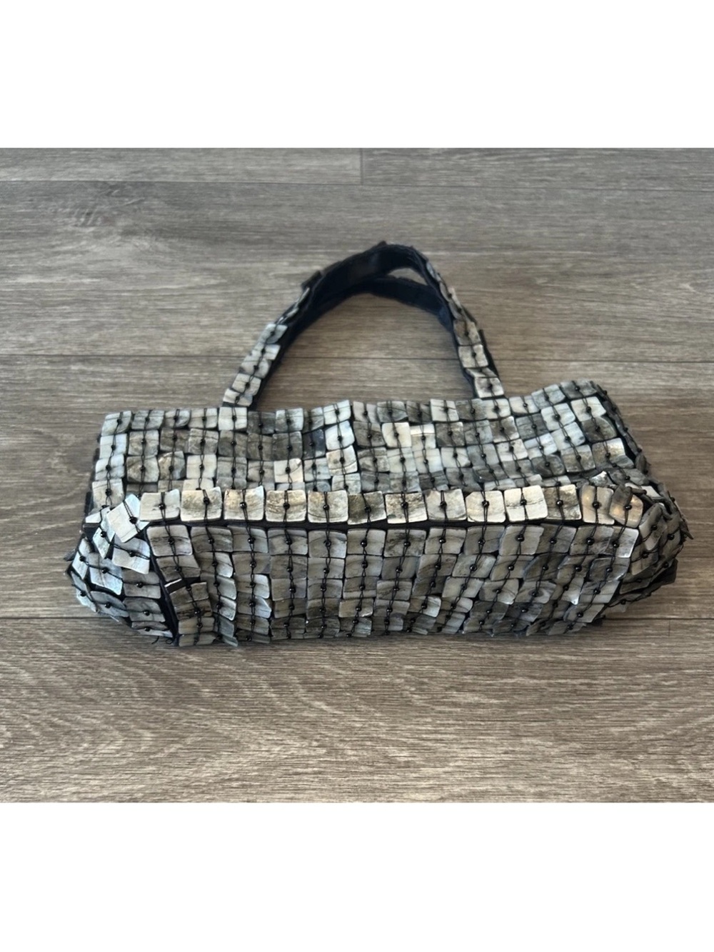 Vintage Y2K Mother of Pearl Shell Tile Handbag Beaded Silver Mini Purse - Picture 3 of 14